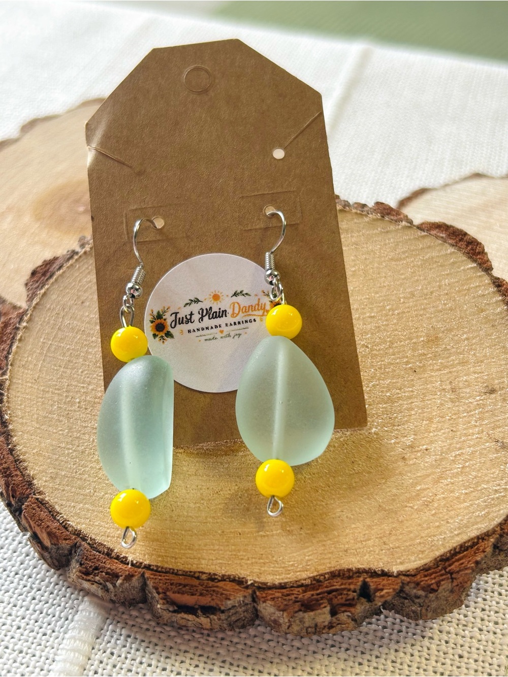 Handmade Sea Glass Style Yellow Beaded Dangle Earrings Boho Coastal NWT